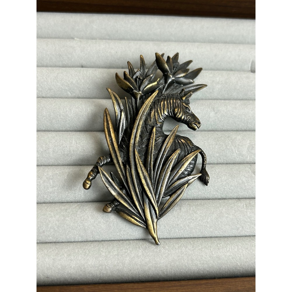 JJ Jonette Zebra in Tropical Foliage Brooch Pin Antiqued Brass Tone Vintage